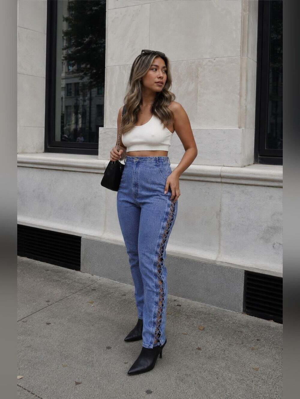 Vintage Exhaust Y2K 80s 90s Lace Up Side Skinny Jeans Festival Boho 3/4